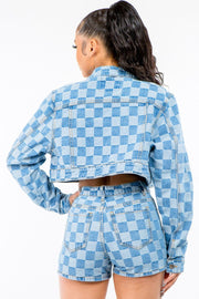 American Bazi Checkered Long Sleeve Cropped Denim Jacket - NRooted Society - Jacket