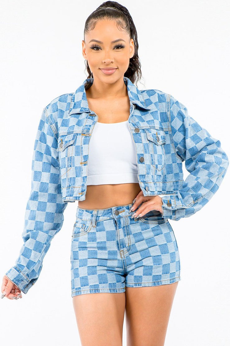 American Bazi Checkered Long Sleeve Cropped Denim Jacket - NRooted Society - Jacket