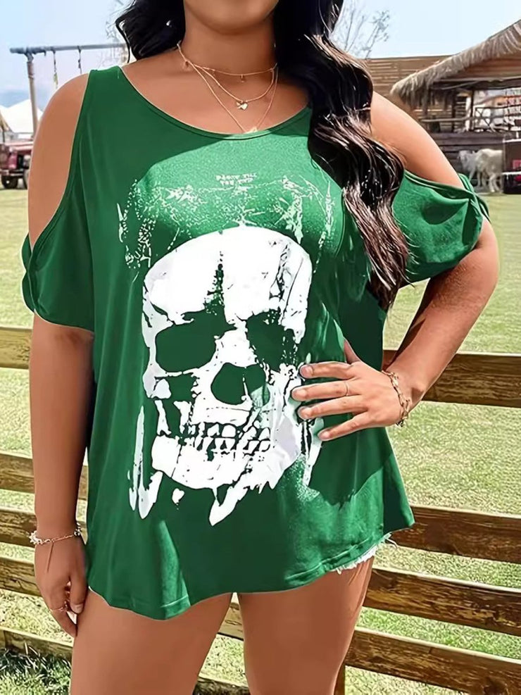 Curvy Skeleton Graphic Round Neck Cold Shoulder T-Shirt - NROOTED - 