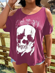 Curvy Skeleton Graphic Round Neck Cold Shoulder T-Shirt - NROOTED - 