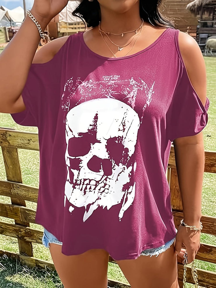 Curvy Skeleton Graphic Round Neck Cold Shoulder T-Shirt - NROOTED - 