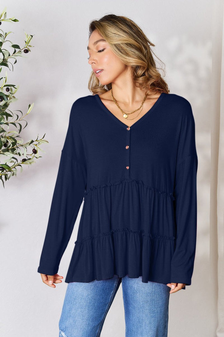 Double Take Half Button Long Sleeve Ruffle Hem Blouse - NRooted Society - 