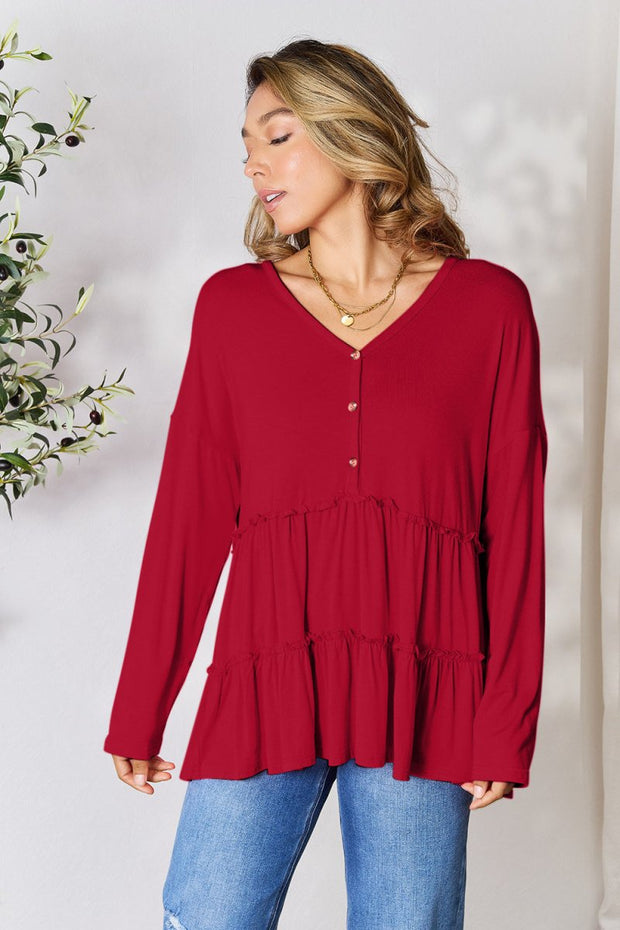 Double Take Half Button Long Sleeve Ruffle Hem Blouse - NRooted Society - 