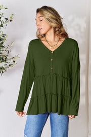 Double Take Half Button Long Sleeve Ruffle Hem Blouse - NRooted Society - 