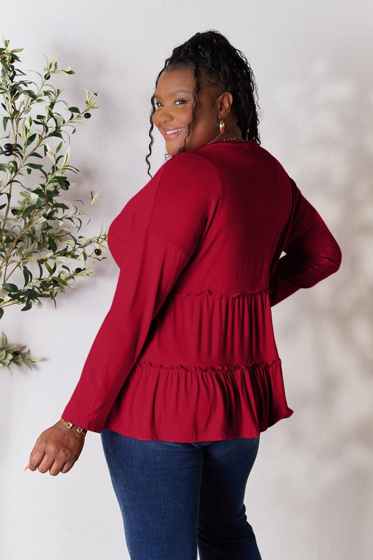 Double Take Half Button Long Sleeve Ruffle Hem Blouse - NRooted Society - 