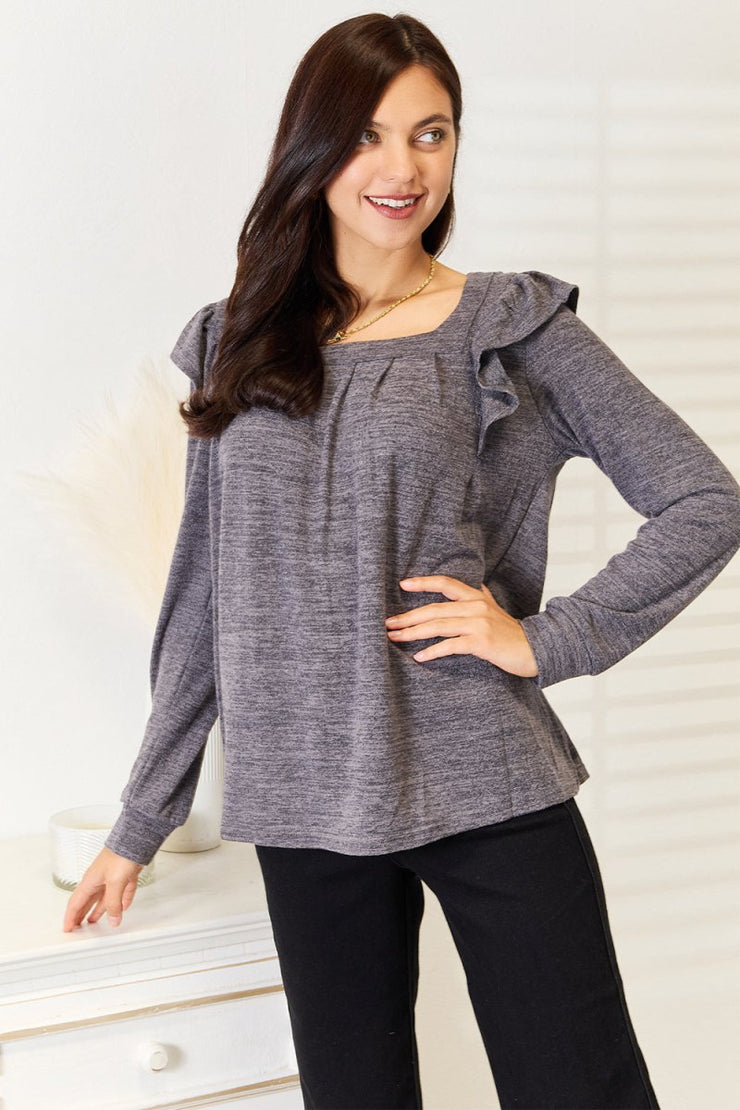 Double Take Square Neck Ruffle Shoulder Long Sleeve T-Shirt - NRooted Society - Long Sleeve Shirt