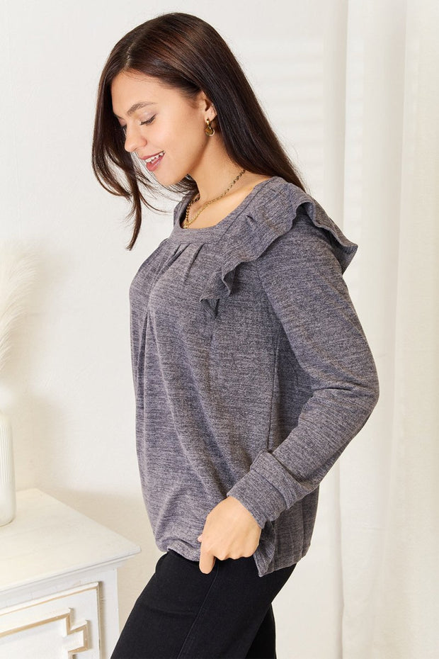 Double Take Square Neck Ruffle Shoulder Long Sleeve T-Shirt - NRooted Society - Long Sleeve Shirt