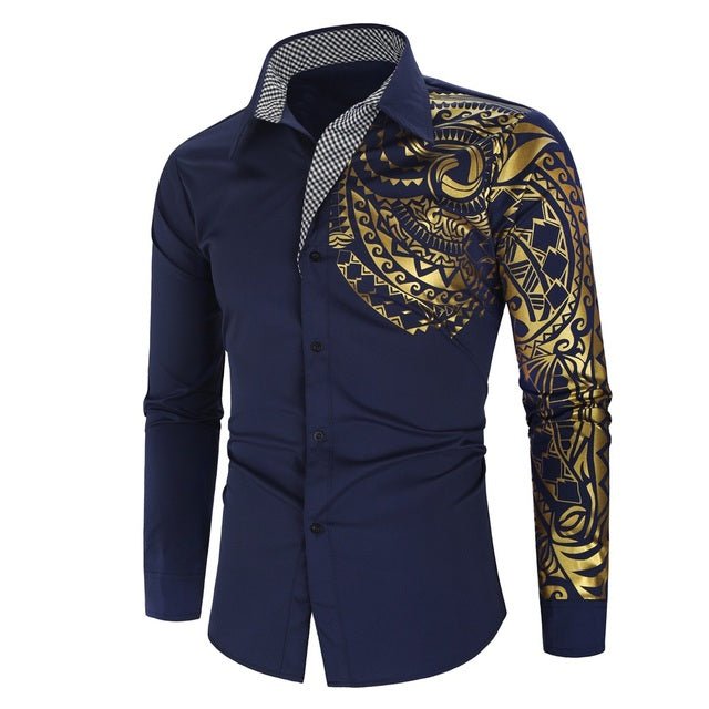 Luxury Gold Pattern Slim Fit Long Sleeve Dress Shirt - NROOTED CLOTHING-Mens clothing