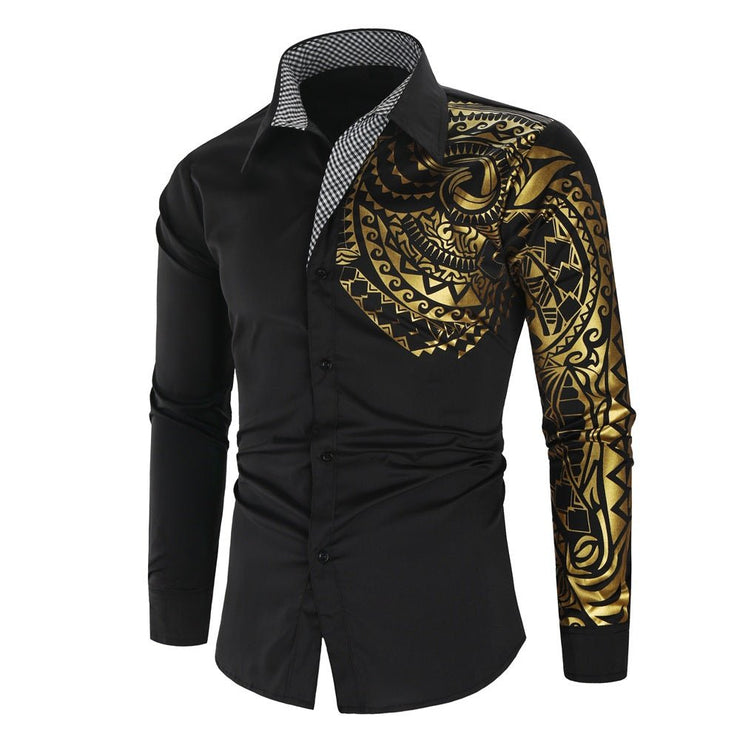 Luxury Gold Pattern Slim Fit Long Sleeve Dress Shirt - NROOTED CLOTHING-Mens clothing